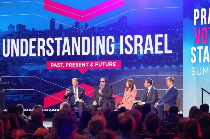 FRC President Tony Perkins (L) leads a panel on Israel during the Pray Vote Stand summit in Washington, D.C., on Oct. 3, 2024. A.J. Nolte (L), Michele Bachmann (C), Daniel Cohen (R) and Pastor Gary Hamrick (R) spoke on the panel. 