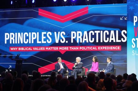 FRC President Tony Perkins (L) leads a panel discussion about biblical principles and politics during the Pray Vote Stand summit in Washington, DC, on Oct. 4, 2024. Robert George (L), Katy Faust (C) and Brent Keilen (R) spoke on the panel.
