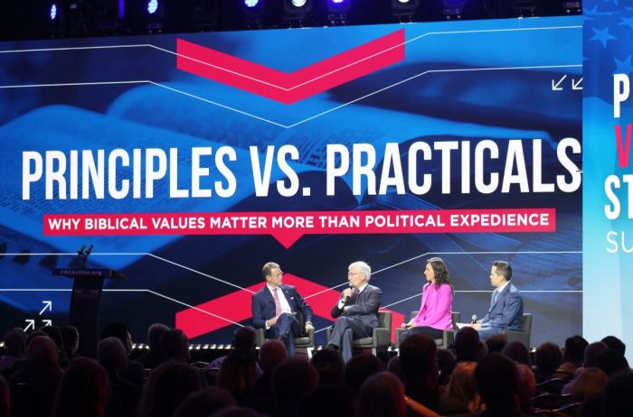 FRC President Tony Perkins (L) leads a panel discussion about biblical principles and politics during the Pray Vote Stand summit in Washington, DC, on Oct. 4, 2024. Robert George (L), Katy Faust (C) and Brent Keilen (R) spoke on the panel. 