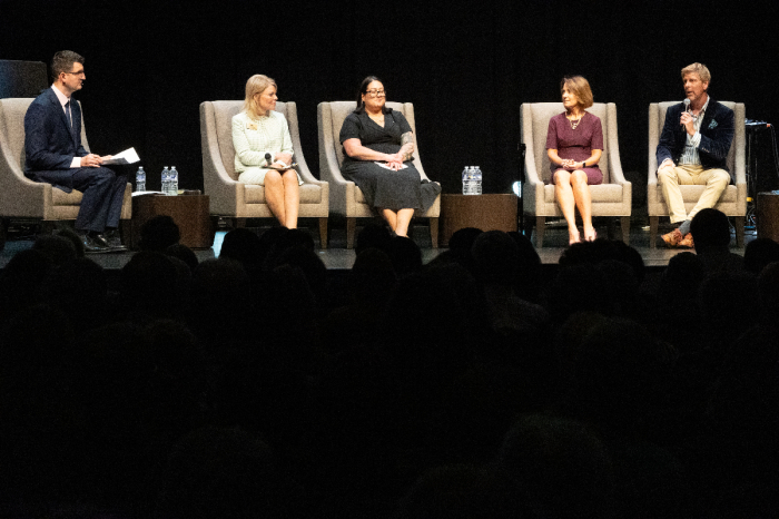 A panel of experts discuss progress in the efforts to push back against LGBT ideology at The Christian Post's event' Unmasking Gender Ideology II' at Burke Community Church in Burke, Virginia, Oct. 6, 2024. From left to right: Brandon Showalter of the Christian Post, Amie Ichikawa of Woman II Woman, Arkansas Republican State Rep. Robin Lundstrum, Andrea Picciotti-Bayer of The Conscience Project and Jay Richards of The Heritage Foundation. 