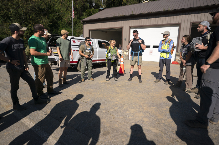 A relief group from Hendersonville prepares for a mission in the aftermath of Hurricane Helene on Oct. 3, 2024, in Bat Cave, North Carolina. The group was tasked with clearing roads and checking on people isolated because of the storm. The death toll has risen to more than 225 people across the southeastern US due to the storm, according to published reports, which made landfall as a category 4 storm on Sept. 26. Millions are without power and the federal government has declared major disasters in areas of North Carolina, Florida, South Carolina, Tennessee, Georgia, Virginia and Alabama.