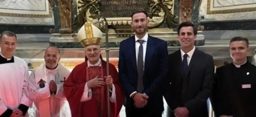 Retired NBA player Gordon Hayward officially joined the Catholic Church at a ceremony in Rome, Italy, Oct. 1, 2024. From left: Seminarian Bill Waters, Fr. Marcel Taillon, Archbishop Timothy Broglio, Hayward, Maxwell Van Vliet and Seminarian Jakob Pohlman.
