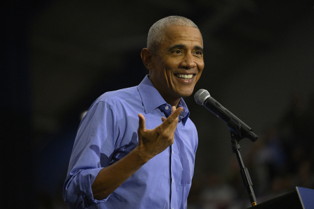 Former U.S. President Barack Obama speaks at a campaign event for Democratic presidential nominee, U.S. Vice President Kamala Harris at the University of Pittsburgh on Oct. 10, 2024 in Pittsburgh, Pennsylvania.