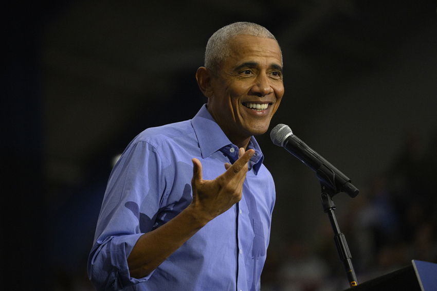 Former President Barack Obama speaks at a campaign event for former Vice President Kamala Harris at the University of Pittsburgh on Oct. 10, 2024, in Pittsburgh, Pennsylvania.