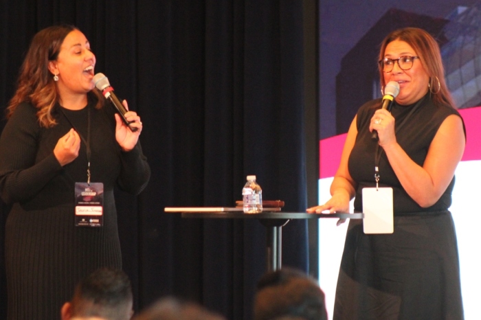 Pastor Reina Olmeda (R) speaks during the National Hispanic Christian Leadership Conference's summit at the Museum of the Bible in Washington, D.C., on Oct. 15, 2024.