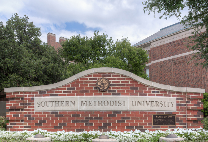 Entrance Sign on the Campus of Southern Methodist University in Dallas, Texas, May 21, 1016. 