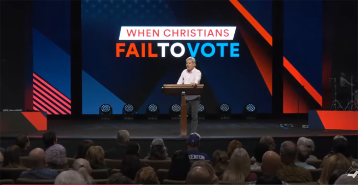 Pastor Jack Hibbs of Calvary Chapel Chino Hills, Calif., preachers a sermon on the topic of 'When Christians Fail to Vote (Psalm 33:12)' on Oct. 20, 2024. 