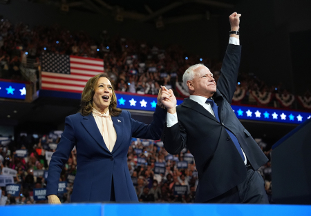 Democratic presidential candidate, U.S. Vice President Kamala Harris and Democratic vice presidential candidate Minnesota Gov. Tim Walz greet supporters during a campaign event at the Liacouras Center at Temple University on Aug. 6, 2024, in Philadelphia, Pennsylvania.