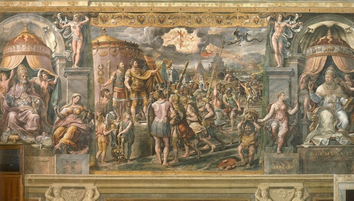 A 16th century depiction of Roman Emperor Constantine seeing a vision of the cross in the sky the day before he fought and won the Battle of Milvian Bridge in 312.