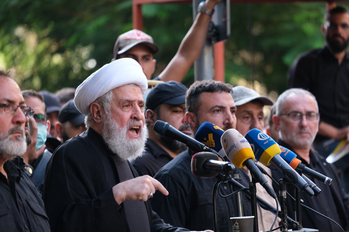 Sheikh Naim Qassem, a senior Hezbollah figure, delivers an impassioned speech during the funeral of Hezbollah leader Ibrahim Aqil in Beirut, Lebanon, on September 22, 2024. 