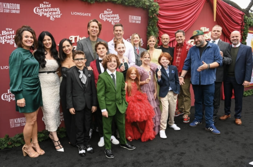 (L-R) Elizabeth Tabish, Vanessa Benevente, Sebastian Billingsley-Rodriguez, Pete Holmes, Mason Nelligan, Essek Moore, Dallas Jenkins, Beatrice Schneider, Lorelei Olivia Mote, Ewan Wood, Kevin Downes, Andrew Erwin, Tony Young and Brandon Gregory attend "The Best Christmas Pageant Ever" Los Angeles Premiere at The Grove on Nov. 02, 2024, in Los Angeles, California.