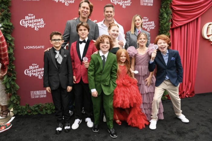 (L-R) Sebastian Billingsley-Rodriguez, Mason Nelligan, Pete Holmes, Essek Moore, Dallas Jenkins, Beatrice Schneider, Kynlee Heiman, Judy Greer, Lorelei Olivia Mote and Ewan Wood attend 'The Best Christmas Pageant Ever' Los Angeles Premiere at The Grove on Nov. 02, 2024, in Los Angeles, California.