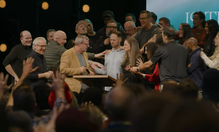 Bill Johnson (2nd L) senior leader of Bethel Church in Redding, California, joins other leaders of his megachurch in commissioning Matt and Elisabeth King as senior leaders of Bethel Sydney at a worship service on Nov. 3, 2024. 