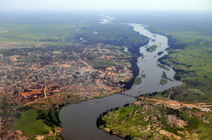 Aerial of Juba, the capital of South Sudan, with the river Nile running in the middle. Juba downtown is upper middle close to the river, and the airport can be seen upper left. The picture is from the south to the north. 