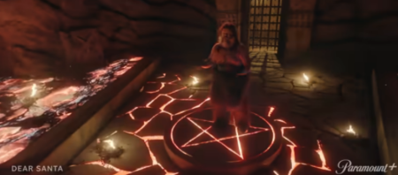 A screenshot of a trailer featuring Jack Black as Satan in "Dear Santa."