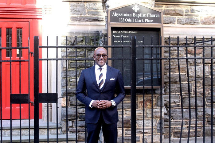 Kevin R. Johnson, the new senior pastor of the Abyssinian Baptist Church in New York City stands outside the historic building on Nov. 13, 2024.