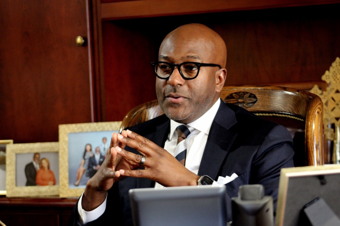 Kevin R. Johnson, the new senior pastor of the Abyssinian Baptist Church in New York City inside his office at historic building on Nov. 13, 2024.