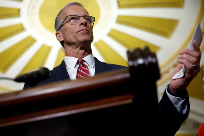 U.S. Sen. John Thune speaks after being elected Senate majority leader for the 119th Congress following the Senate Republican leadership elections at the U.S. Capitol on November 13, 2024 in Washington, D.C. 