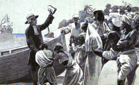Bartholomäus Ziegenbalg (1682-1719), a notable German Lutheran missionary to India, depicted in a late 19th century picture as he leaves the Indian city of Tranquebar.