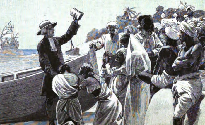 Bartholomäus Ziegenbalg (1682-1719), a notable German Lutheran missionary to India, depicted in a late 19th century picture as he leaves the Indian city of Tranquebar. 