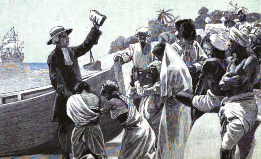 Bartholomäus Ziegenbalg (1682-1719), a notable German Lutheran missionary to India, depicted in a late 19th century picture as he leaves the Indian city of Tranquebar.