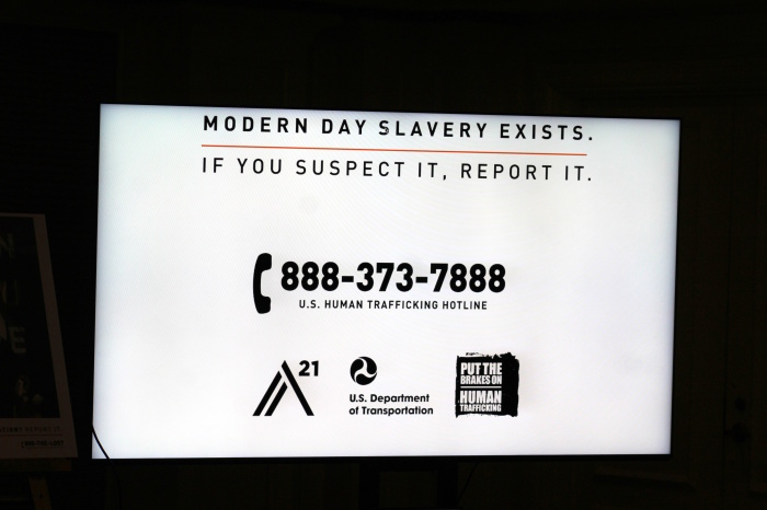 And advertisement for the human trafficking hotline at global anti-human trafficking organization A21's launch of its national awareness campaign, “Can You See Me?” in New York City on Monday November 25, 2024.