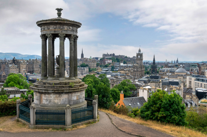 Aerial view of the town and castle of Edinburgh with Dugald Stewart monument in Edinburgh, Scotland.