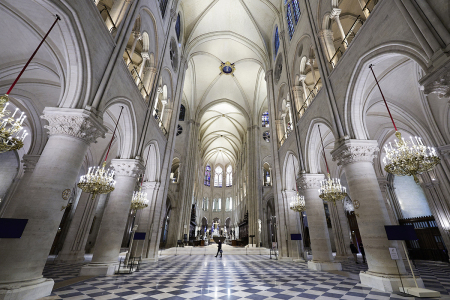 This photograph shows the nave of Notre-Dame de Paris cathedral in Paris, on Nov. 29, 2024. The Notre-Dame Cathedral is set to re-open early December 2024, with a planned weekend of ceremonies on Dec. 7-8, 2024, five years after the April 15, 2019, fire which ravaged the world heritage landmark and toppled its spire.