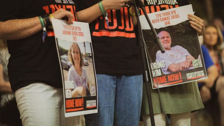 One of the flyers depicts Keith Siegel (R), a resident of Kibbutz Kfar Aza kidnapped by Hamas during the terror group's Oct. 7 onslaught.