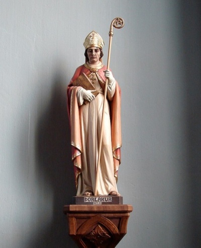 A statue of Saint Thorlak (1133-1193), also known as Thorlak Thorhallsson and Þorlákur helgi, who was a prominent bishop, monastery founder, and advocate for Catholic Church discipline in Medieval Iceland.