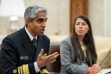Surgeon General Vivek Murthy shares personal stories about his own family’s experiences with access to mental health services on Monday, July 24, 2023, in the Oval Office.