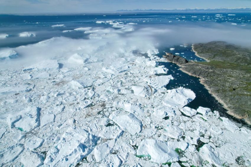 Aerial view of Jakobshavn Glacier at Disko Bay, Greenland.