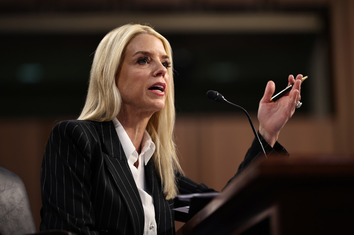 Attorney General Pam Bondi testifies before the Senate Judiciary Committee during her confirmation hearing to be the next U.S. attorney general in the Hart Senate Office Building on Capitol Hill on Jan. 15, 2025, in Washington, D.C. 