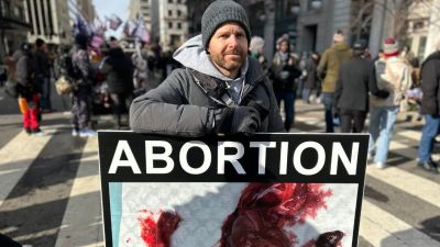 Created Equal Vice President Seth Drayer raises awareness about abortion in Washington, D.C., outside of the Capital One Arena on Jan. 20, 2025, President Donald Trump's Inauguration Day. 