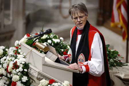 The Rev. Mariann Edgar Budde speaks during the National Prayer Service at Washington National Cathedral on Jan. 21, 2025, in Washington, D.C. Tuesday marks Trump's first full day of his second term in the White House.