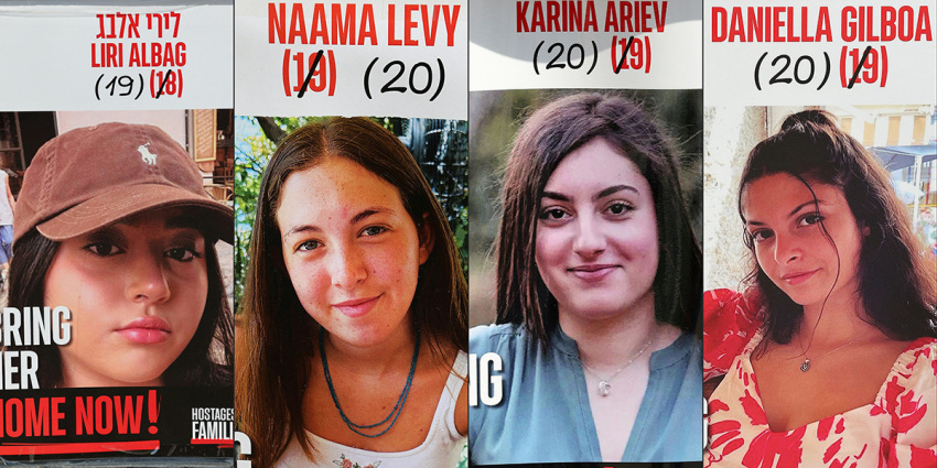 This combination of pictures created on Jan. 24, 2025, shows posters of Israeli hostages (L to R) Liri Albag, Naama Levy, Karina Ariev and Daniela Gilboa, held in the Gaza Strip since the Oct. 7, 2023, attack by Hamas militants. Hamas' armed wing on Jan. 24, 2025, named four Israeli 