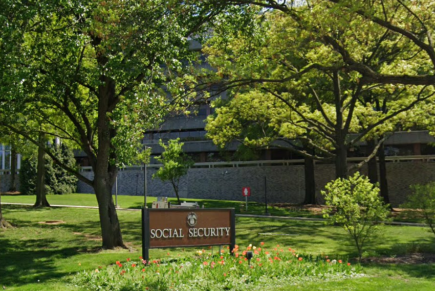 A sign welcomes visitors to the headquarters of the United States Social Security Administration in Woodlawn, Maryland.