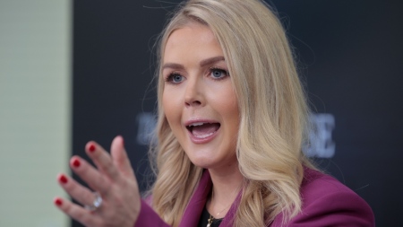 White House press secretary Karoline Leavitt holds her first news conference in the Brady Press Briefing Room at the White House on Jan. 28, 2025, in Washington, D.C.