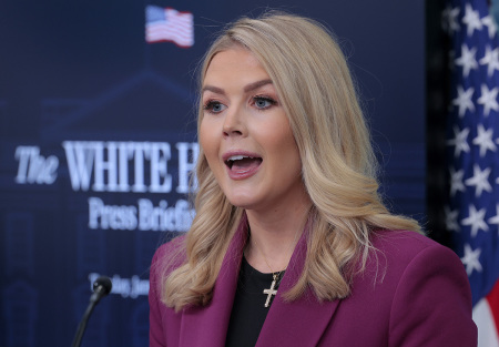 White House press secretary Karoline Leavitt holds her first news conference in the Brady Press Briefing Room at the White House on Jan. 28, 2025, in Washington, D.C. 