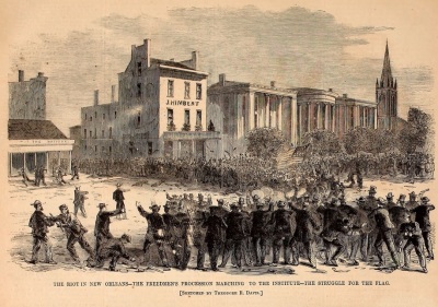 A contemporary sketch of the New Orleans Massacre of 1866, in which over 30 African Americans were killed by white supremacists.