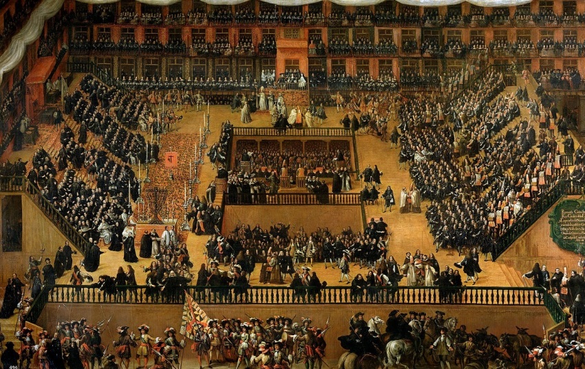 An auto-da-fé, an important ritual of the Spanish Inquisition, being performed in Madrid, Spain in 1680.