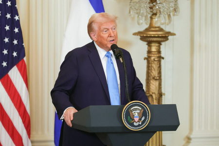 U.S. President Donald Trump speaks during a press conference with Israeli Prime Minister Benjamin Netanyahu in the East Room of the White House in Washington, D.C. on Feb. 4, 2025. 