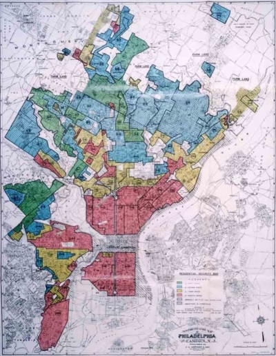 A Home Owners’ Loan Corporation map of Philadelphia, Pennsylvania, from 1937 showing the redlining of minority neighborhoods.