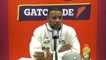 Philadelphia Eagles running back Saquon Barkley speaks with the press during Super Bowl media on Feb. 3, 2025, ahead of Super Bowl LIX in New Orleans, Louisiana. 