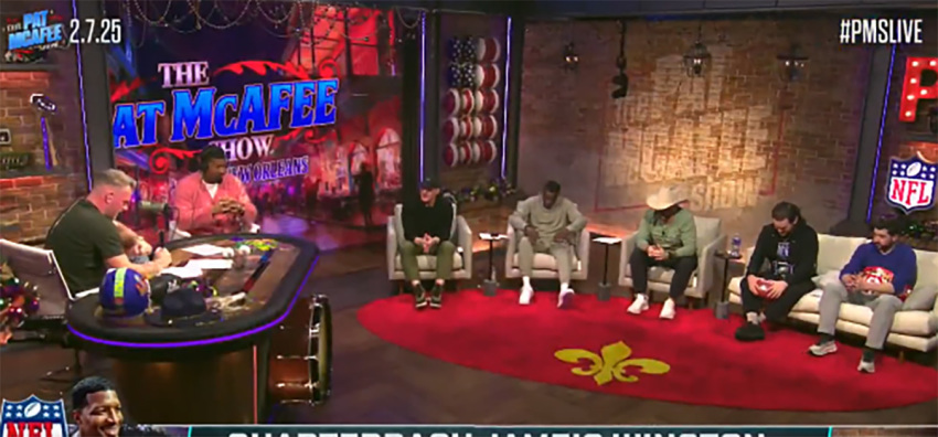 Jameis Winston prays on the set of the "Pat McAffee Show" on ESPN.