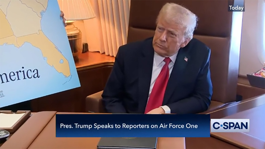 President Donald Trump signs a presidential proclamation recognizing Feb. 9 as "Gulf of America Day" aboard Air Force One on Feb. 9, 2025. 