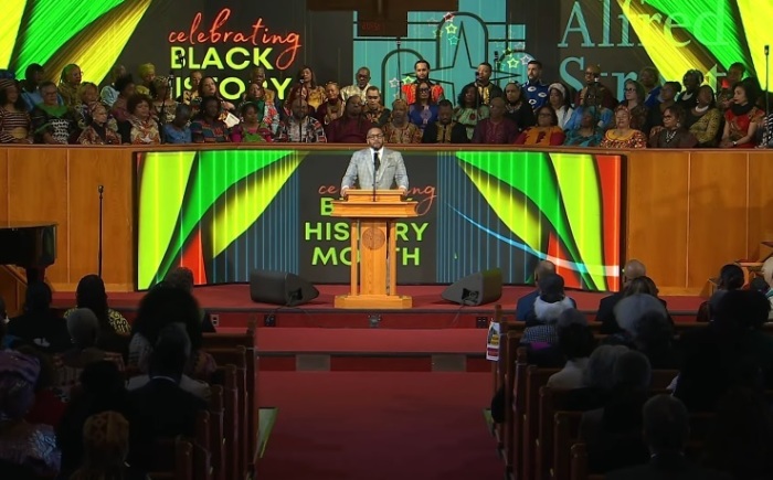 Senior Pastor Howard-John Wesley preaches at Alfred Street Baptist Church in Alexandria, Virginia, on Feb. 18, 2025.