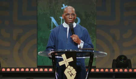 New Birth Missionary Baptist Church Pastor Jamal Bryant preaches from his pulpit in Georgia on Sunday February 23, 2025.