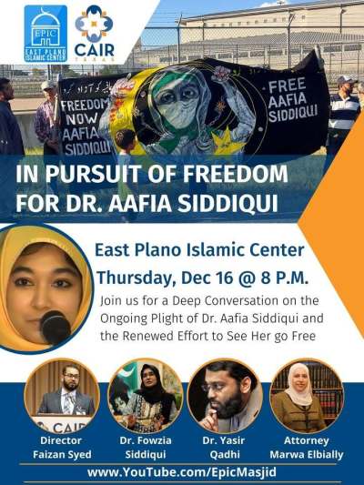 A flyer for a 2021 EPIC event in support of Aafia Siddiqui, a Pakistani woman serving an 86-year prison sentence after being convicted in 2010 on charges that she sought to shoot U.S. military officers while being detained in Afghanistan.
