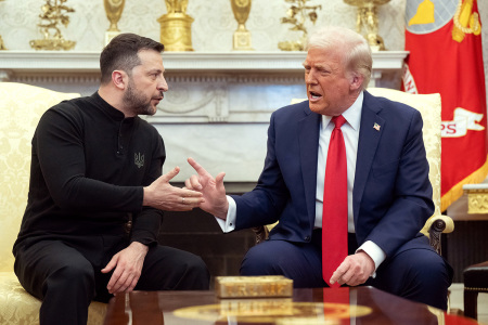 President Donald Trump and Ukrainian President Volodymyr Zelensky meet in the Oval Office of the White House in Washington, D.C., Feb. 28, 2025.